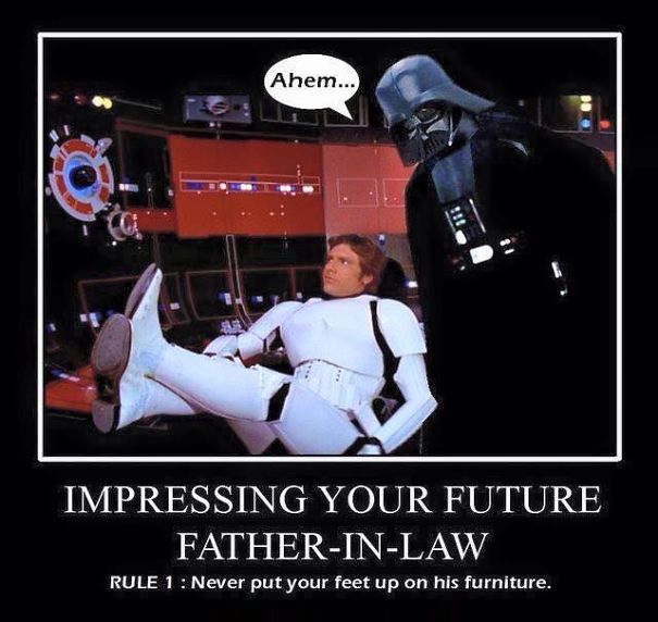 Darth Vader staring at a relaxed character with feet up, humorous Star Wars meme.