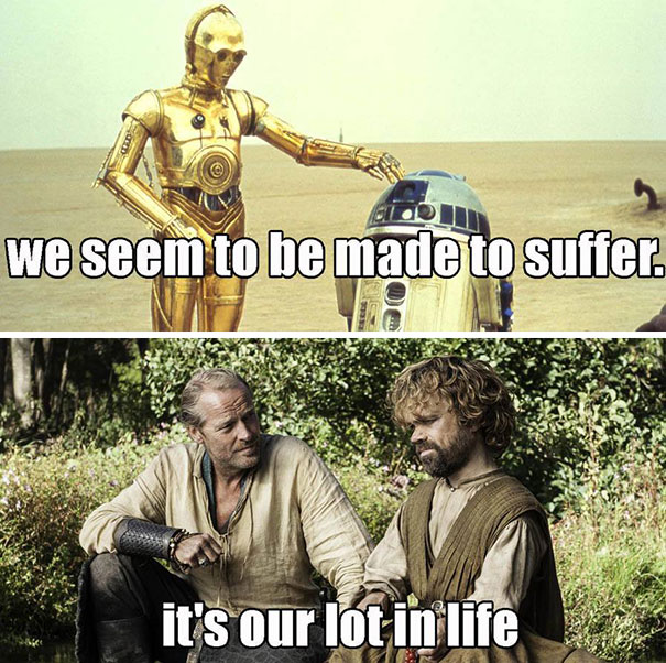 "Game of Thrones meme featuring Tyrion and Jorah in a humorous Star Wars comparison."