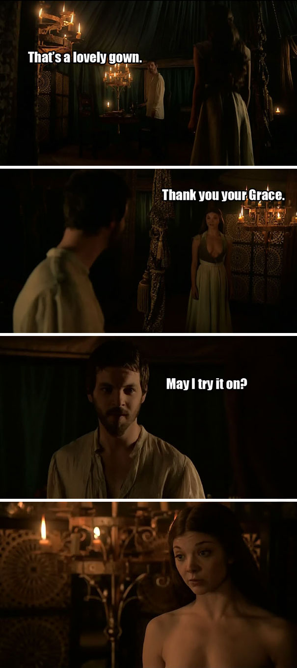 "Game of Thrones characters in humorous dialogue about a gown in dimly lit room."