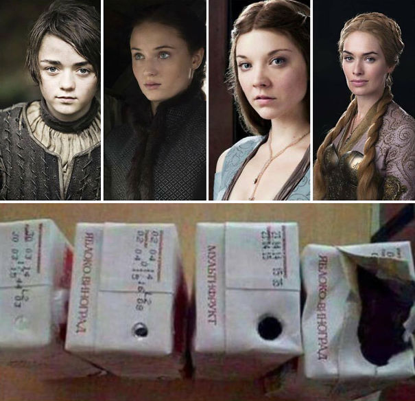 Game of Thrones memes featuring four female characters above damaged juice boxes, humorously styled as faces.