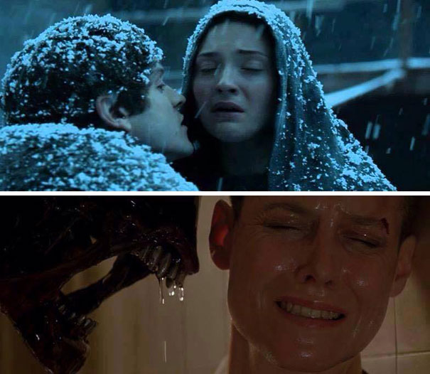 "Game of Thrones meme comparing intense scenes from different movies with dramatic expressions."