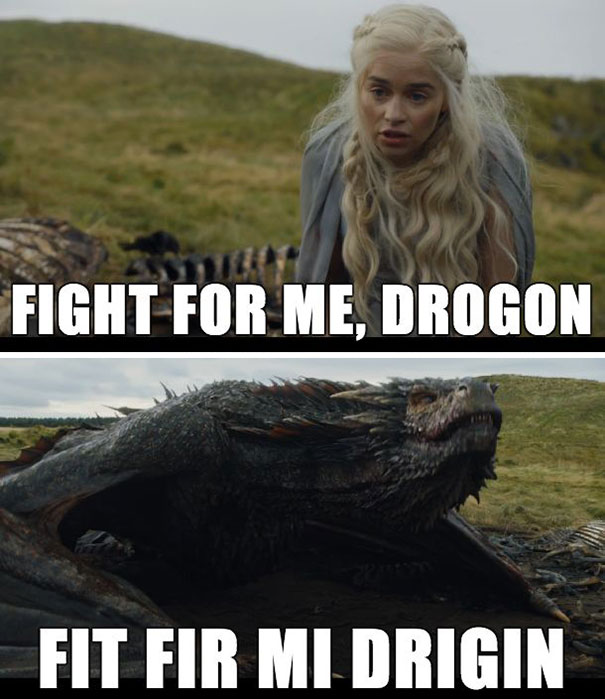 Game of Thrones meme with a character and dragon, featuring humorous text about fighting.