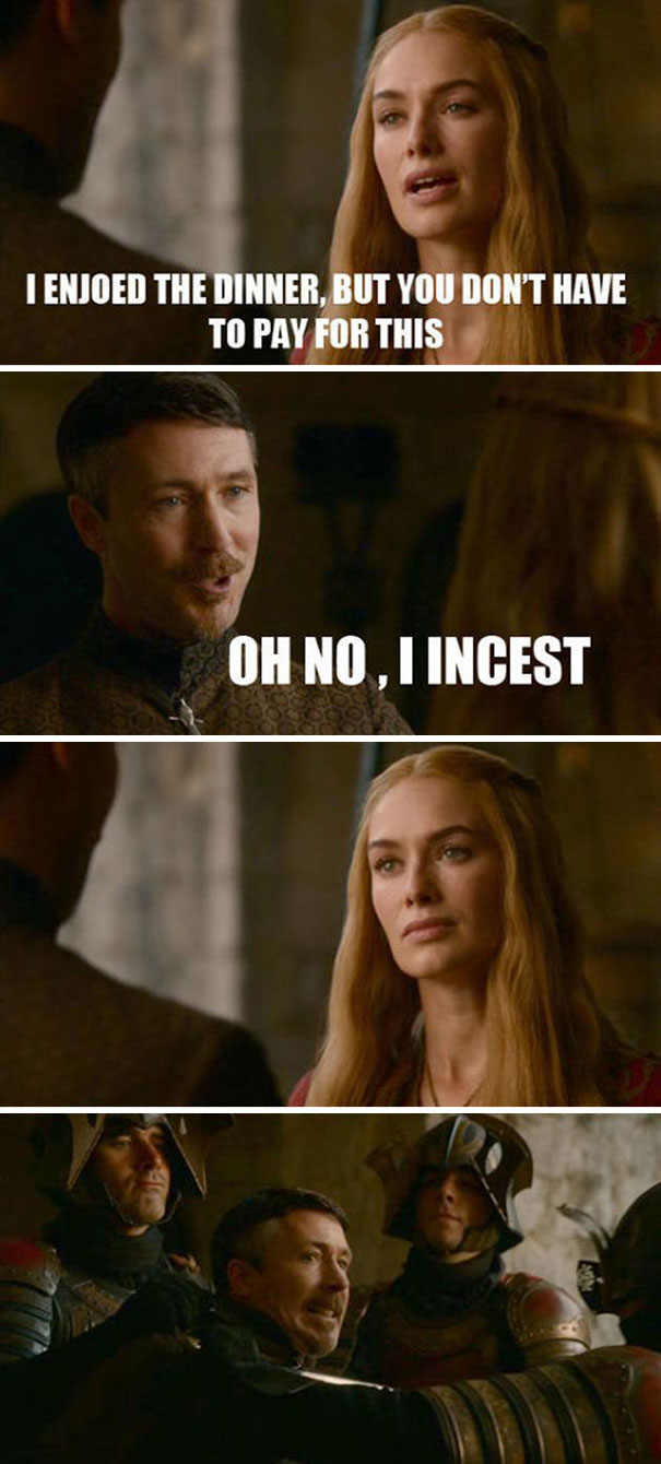 Game of Thrones meme featuring a dinner conversation and humorous exchange.