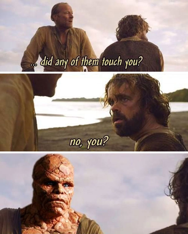 Game of Thrones meme featuring two characters in a humorous dialogue on a beach with a surprising twist.