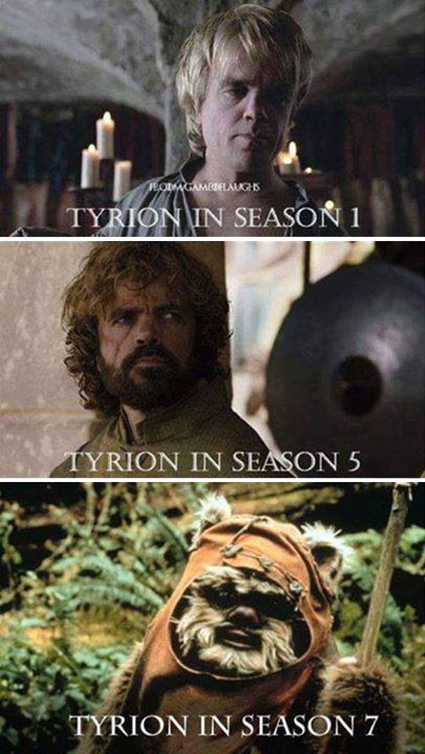 Game of Thrones meme with Tyrion Lannister depicted humorously across seasons as an Ewok.