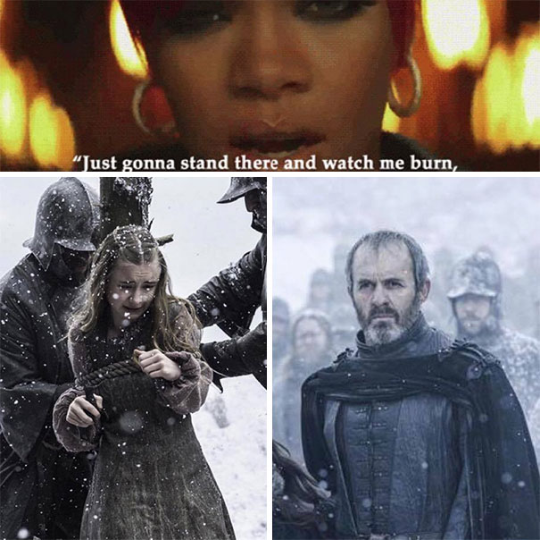 Game of Thrones meme with characters in a snowy setting and a reference to a song lyric.