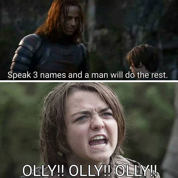 Game of Thrones meme featuring Arya Stark yelling and a man in armor, captioned about speaking three names.