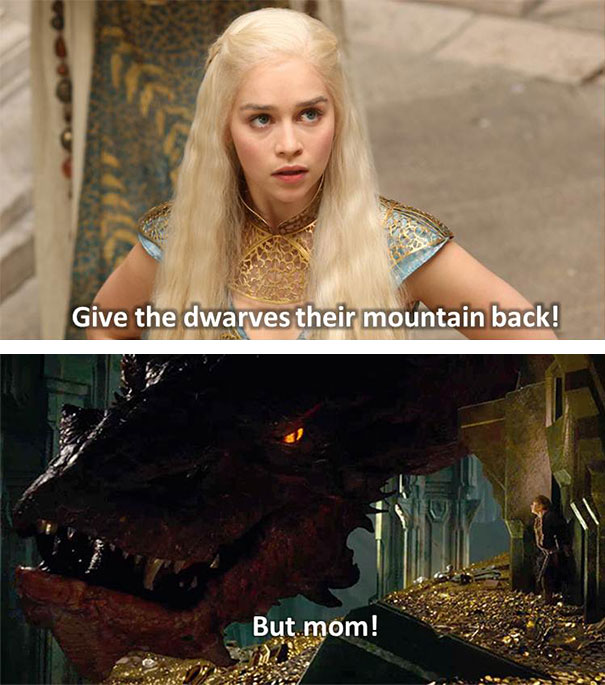 Game of Thrones meme with a dragon humorously interacting about dwarves' mountain.