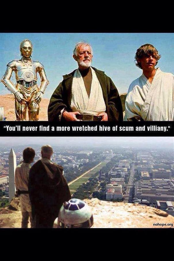 Star Wars characters overlooking a city with humorous meme text about a "wretched hive of scum and villainy."