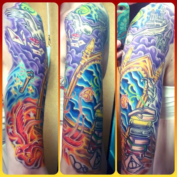 Colorful book-inspired tattoo sleeve with vibrant symbols and book imagery.