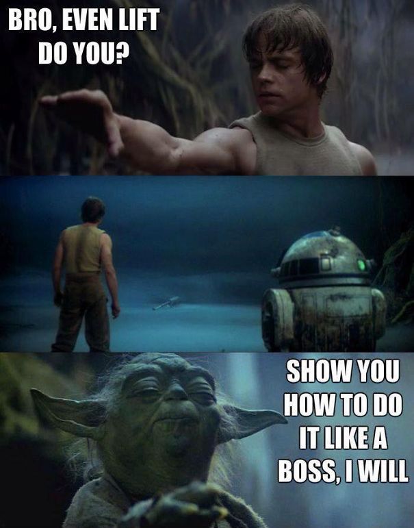 Star Wars meme with Luke and Yoda exchanging humorous dialogue about lifting and mastering the Force.