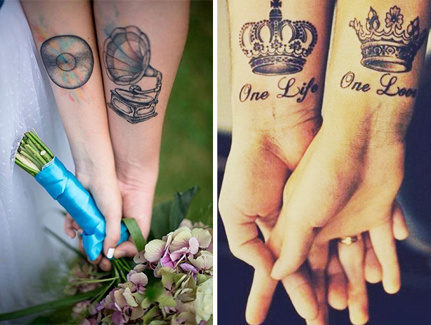 Couples with matching wedding tattoos: a gramophone and disc, and crowned wrists with "One Life" and "One Love" text.