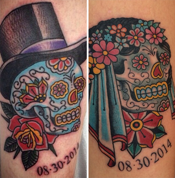 Matching wedding tattoos with colorful skull designs, featuring a top hat and floral veil, dated 08-30-2014.