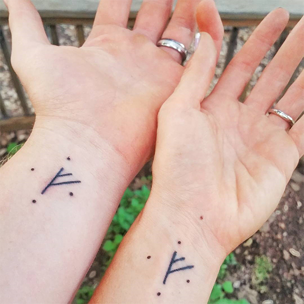 Matching wedding tattoos on wrists of a couple, symbolizing brave commitment without traditional rings.