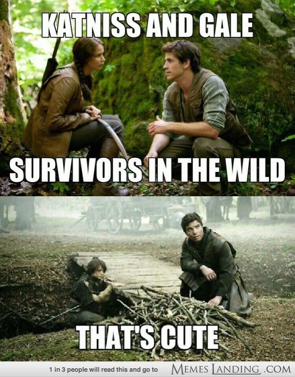 "Game of Thrones meme comparing survival skills to Katniss and Gale from Hunger Games."