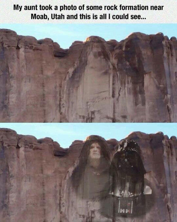 Rock formation resembling Star Wars characters, creating a humorous meme moment with Darth Vader and Emperor imagery.