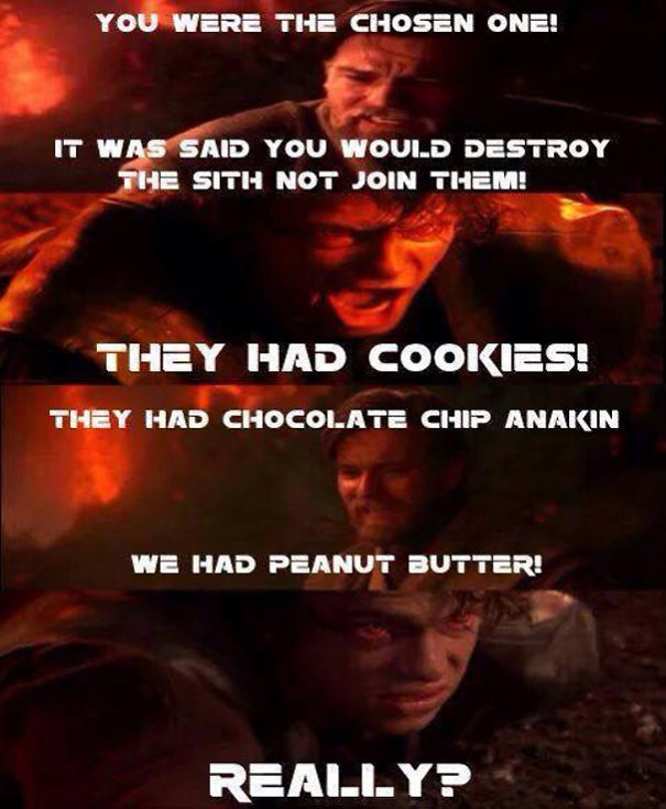 Star Wars meme with Anakin and Obi-Wan discussing cookies humorously in a dramatic scene.
