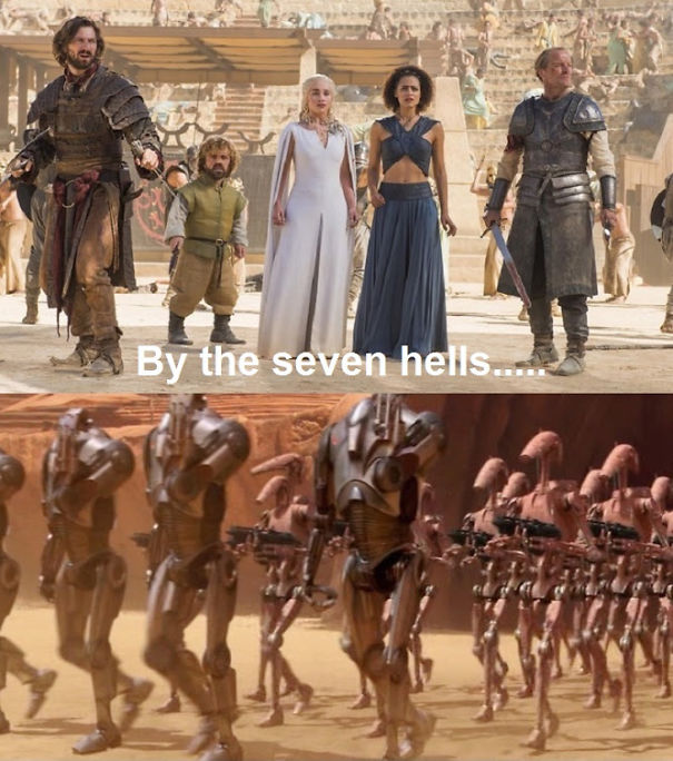 "Game of Thrones characters surprised by Star Wars droids, captioned 'By the seven hells...'"