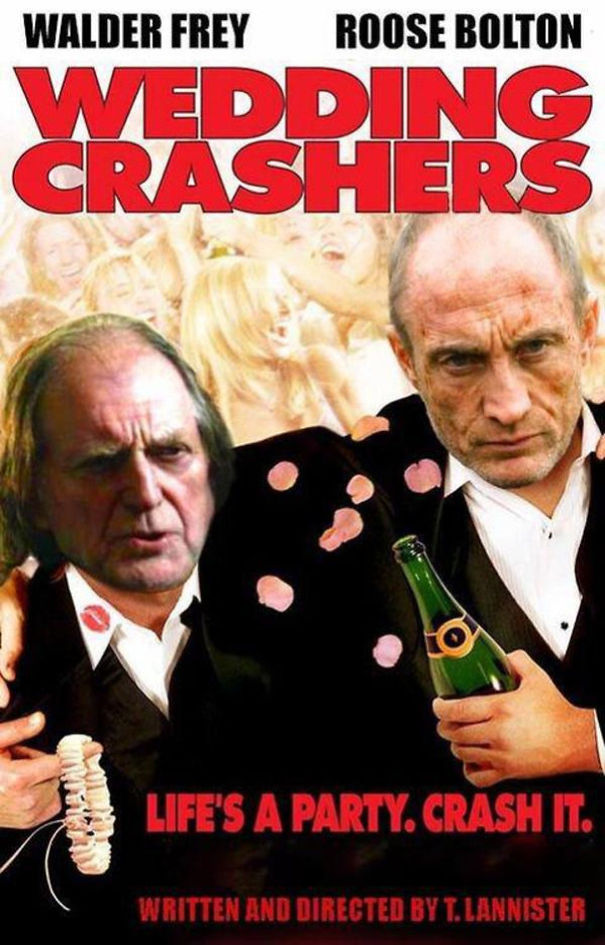 "Game of Thrones characters Walder Frey and Roose Bolton in a humorous movie poster meme."