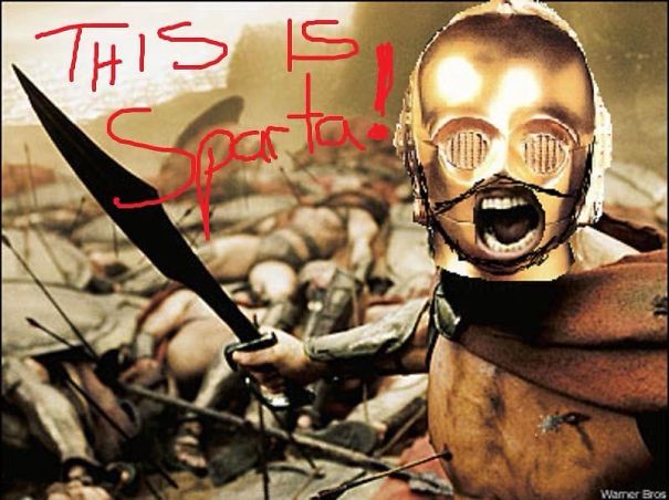 Star Wars meme featuring a character with a golden helmet and red cape yelling, "This is Sparta!"