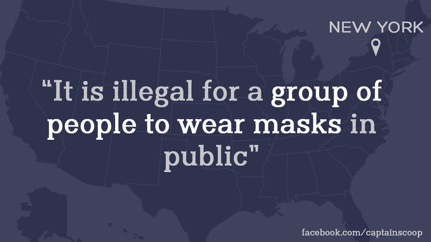 Map of the U.S. showing a strange law in New York about groups wearing masks in public, highlighting stupid laws.