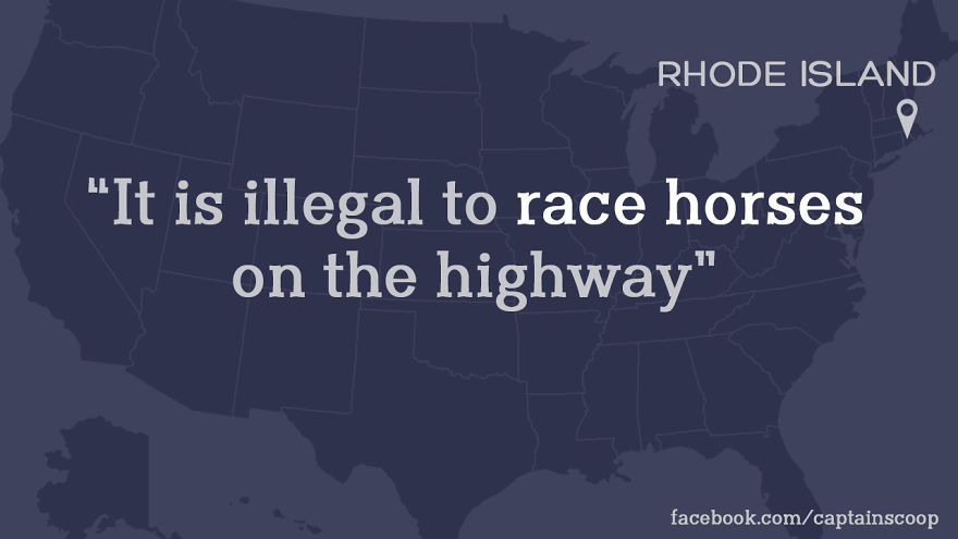 Map of the U.S. highlighting Rhode Island with a quote about a stupid law banning horse racing on the highway.