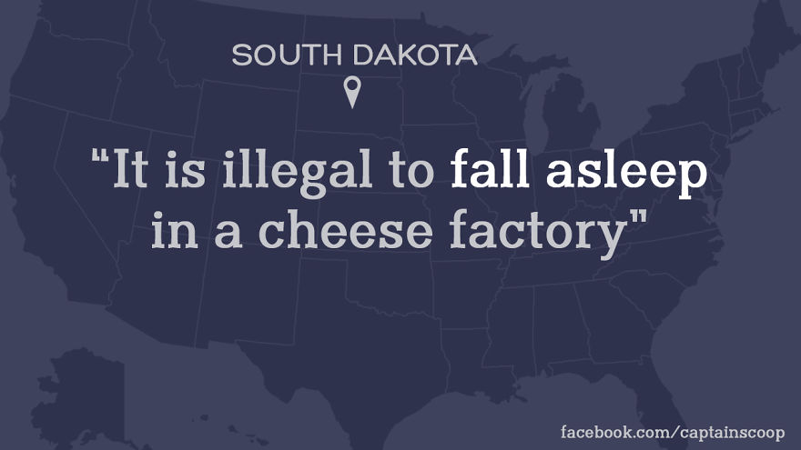 Map of South Dakota highlighting a stupid law making it illegal to fall asleep in a cheese factory in the U.S.