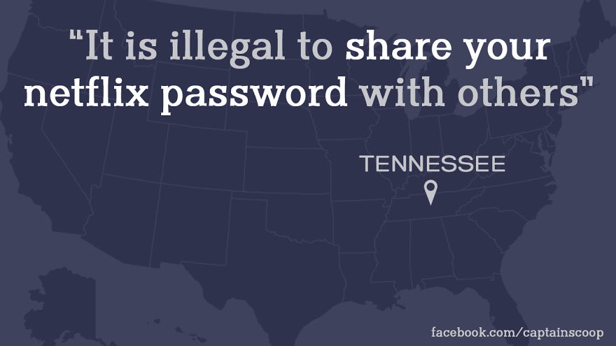 Map of the U.S. highlighting a strange Tennessee law about sharing Netflix passwords under stupid laws keyword.