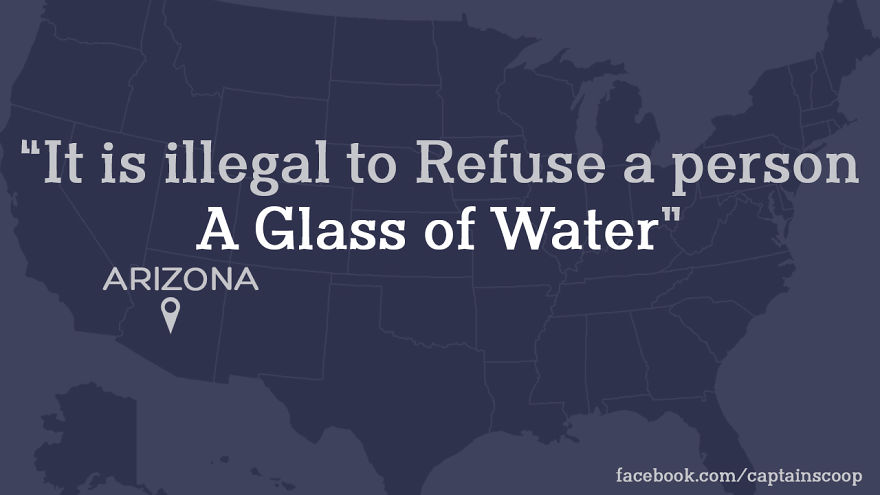 Map of the U.S. highlighting a strange law in Arizona about refusing to serve a glass of water among stupid laws.