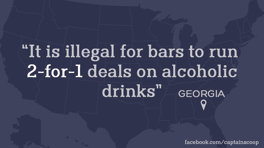 Map of the U.S. highlighting a strange law in Georgia banning 2-for-1 deals on alcoholic drinks as part of stupid laws.