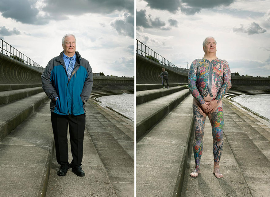 Tattooed man in blue jacket, then revealing full-body tattoos in outdoor setting. Tattooed man in blue jacket, then revealing full-body tattoos in outdoor setting.