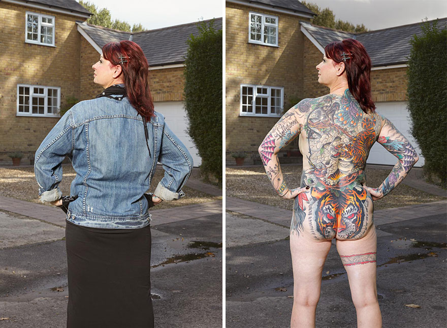 Tattooed person in denim jacket, then revealed with vibrant back tattoos outdoors. Tattooed person in denim jacket, then revealed with vibrant back tattoos outdoors.