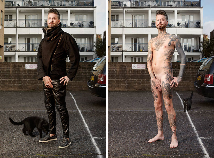 Man in dark clothes transforms to reveal tattoos beneath, Alan Powdrill portrait series.