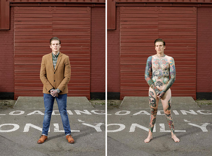 Tattooed person revealed under everyday clothes, part of Alan Powdrill’s portrait series. Tattooed person revealed under everyday clothes, part of Alan Powdrill’s portrait series.