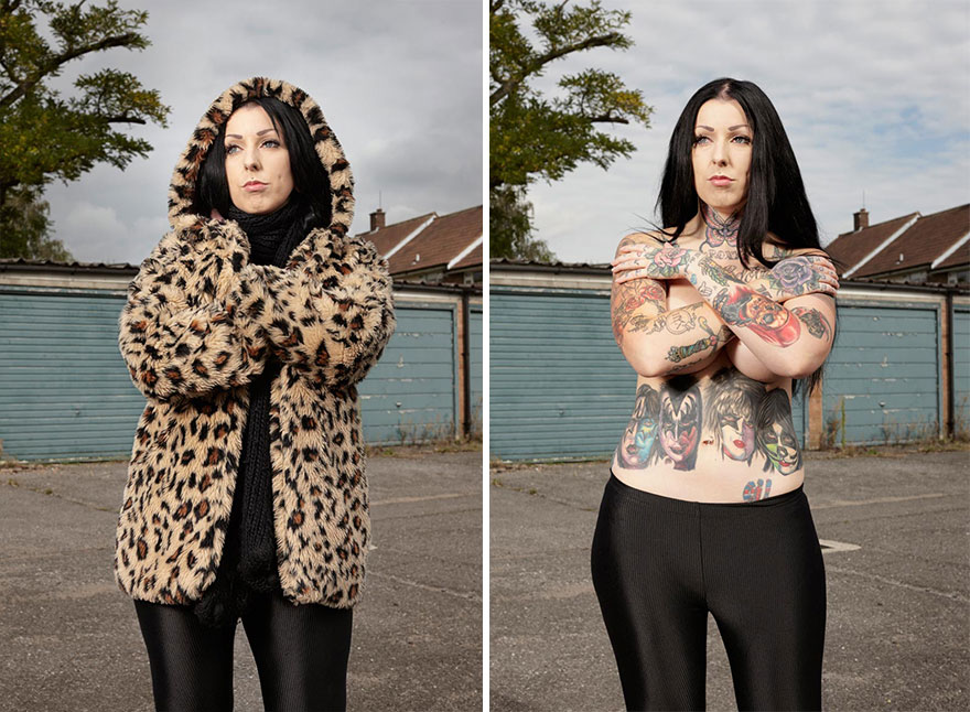 Tattooed woman in leopard coat reveals body art beneath, outdoors in front of blue garages.