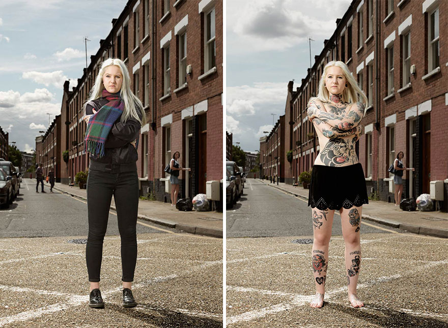 Tattooed woman on a street, before and after revealing tattoos, captured in a portrait by photographer Alan Powdrill. Tattooed woman on a street, before and after revealing tattoos, captured in a portrait by photographer Alan Powdrill.