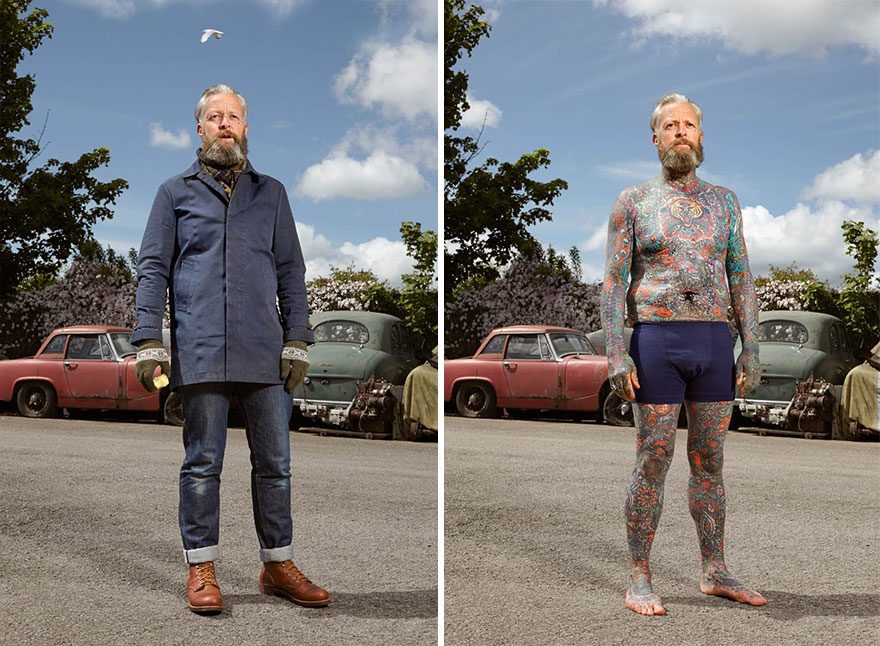 Tattooed portrait featuring a man before and after revealing extensive body art under everyday clothes.