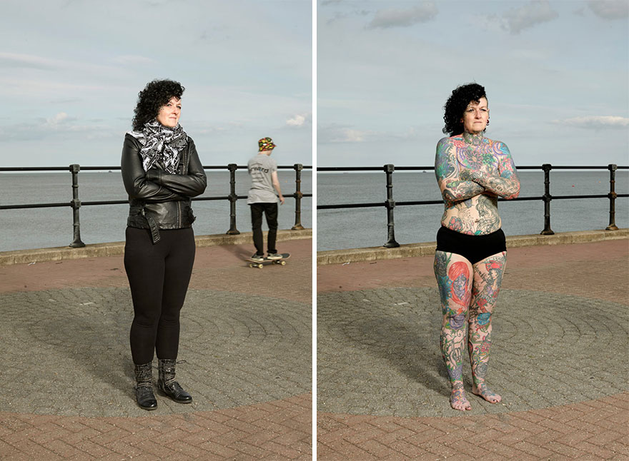 Tattooed woman standing by the seaside, before and after revealing tattoos.