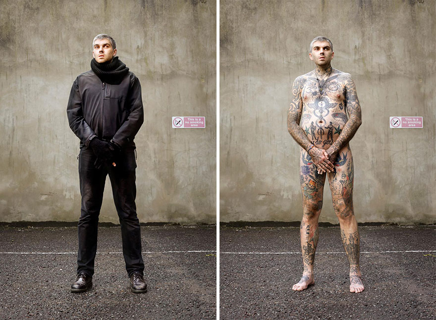 Tattooed man in everyday clothes (left) and showing full body tattoos (right) in portrait by photographer Alan Powdrill. Tattooed man in everyday clothes (left) and showing full body tattoos (right) in portrait by photographer Alan Powdrill.