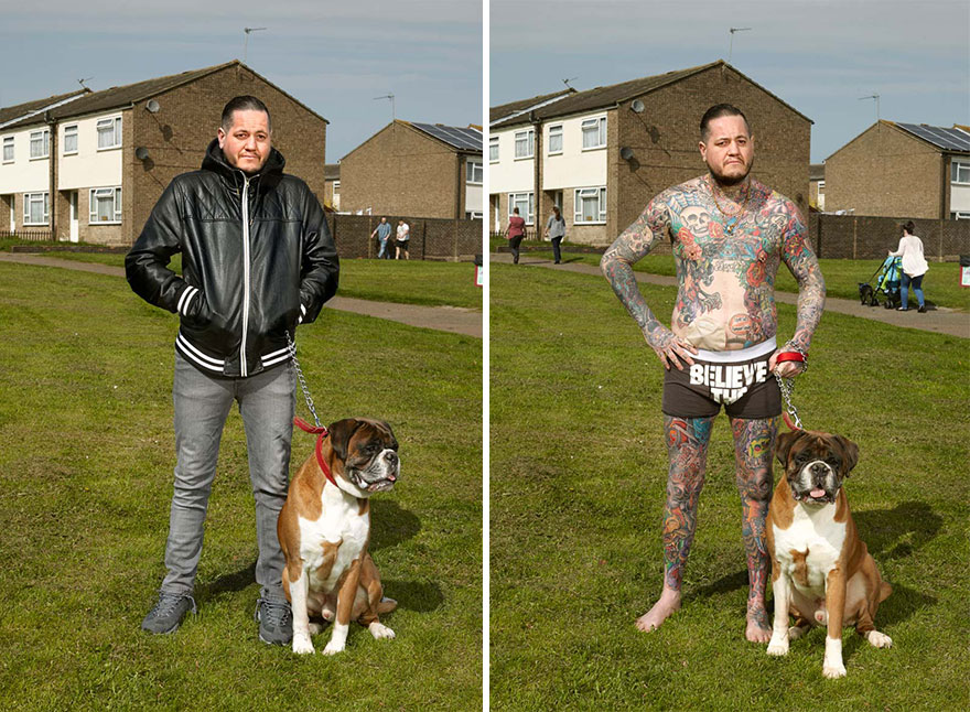 Tattooed man revealed under everyday clothes, standing with a dog in a residential area. Tattooed man revealed under everyday clothes, standing with a dog in a residential area.