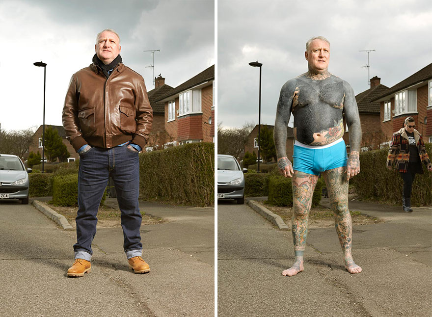 Man revealing tattoos under everyday clothes, wearing a leather jacket and jeans in one portrait, tattoos in another.