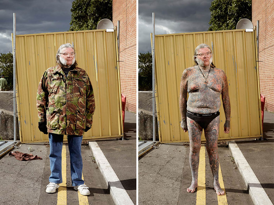 Tattooed man in camo jacket, before and after revealing tattoos under everyday clothes by photographer. Tattooed man in camo jacket, before and after revealing tattoos under everyday clothes by photographer.