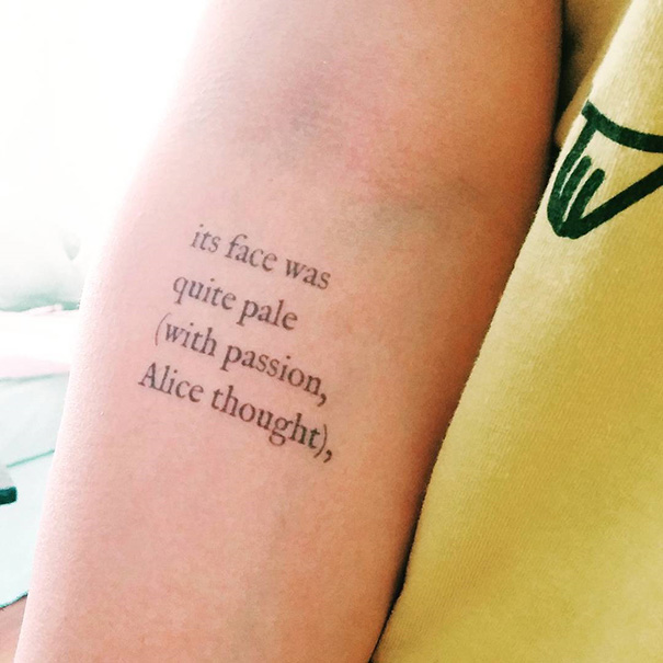 Book-inspired tattoo on arm featuring a literary quote, ideal for passionate bookworms.