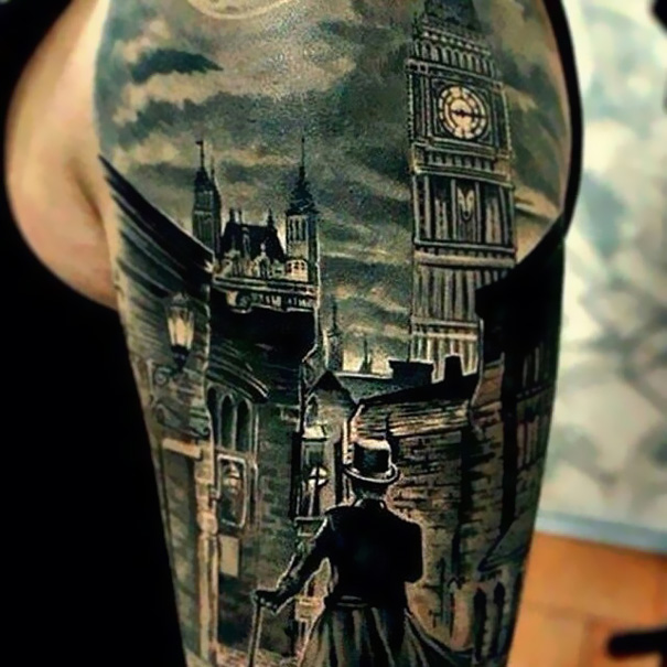 Tattoo of a Victorian street scene with Big Ben for bookworms.