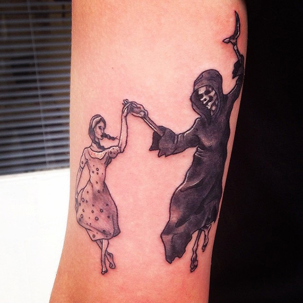 Tattoo of a woman dancing with a grim reaper, inspired by a book theme for bookworms.