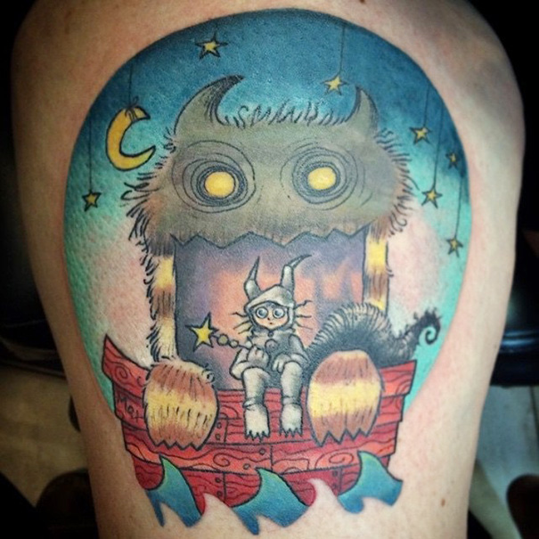 Book-inspired tattoo of a whimsical creature with a child in a boat under a starry sky.