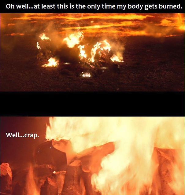 "Star Wars meme with humorous text about getting burned, featuring a fiery scene with a worried expression."