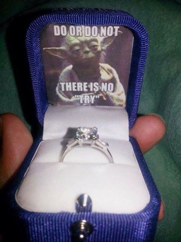 Yoda meme with quote "Do or do not, there is no try" in a ring box. Star Wars humor.