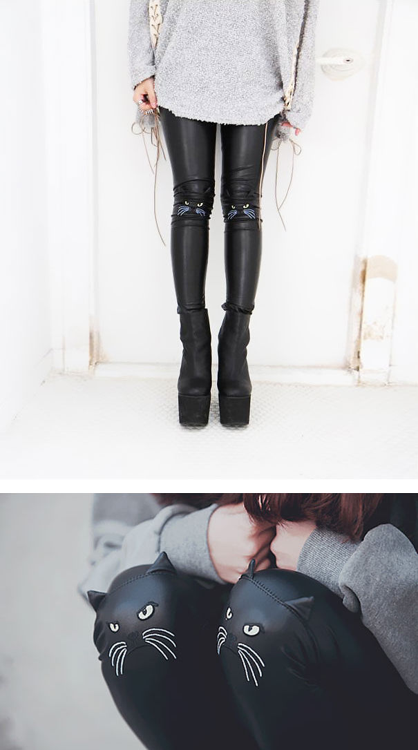 Cat Face Leather Leggings