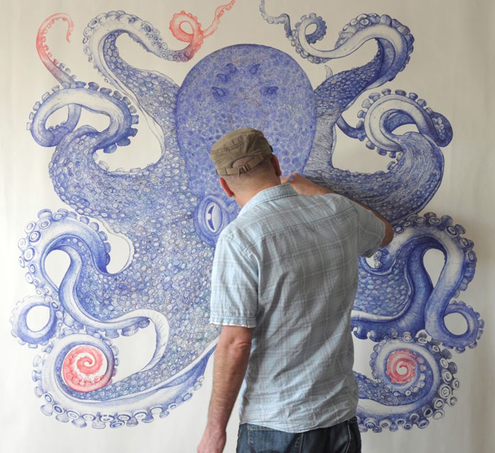 Artist Spends 1 Year Using Only Discarded Ballpoint Pens To Draw Giant Octopus